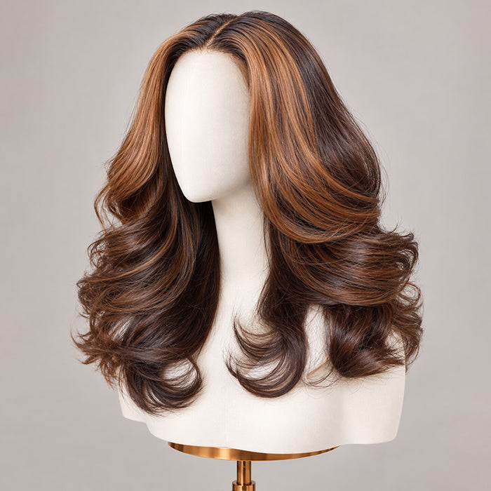 Rich Brown Color Body Wave Human Hair Wigs with Caramel Money Piece Highlight Glueless Flexi-Fit Drawstring Wig