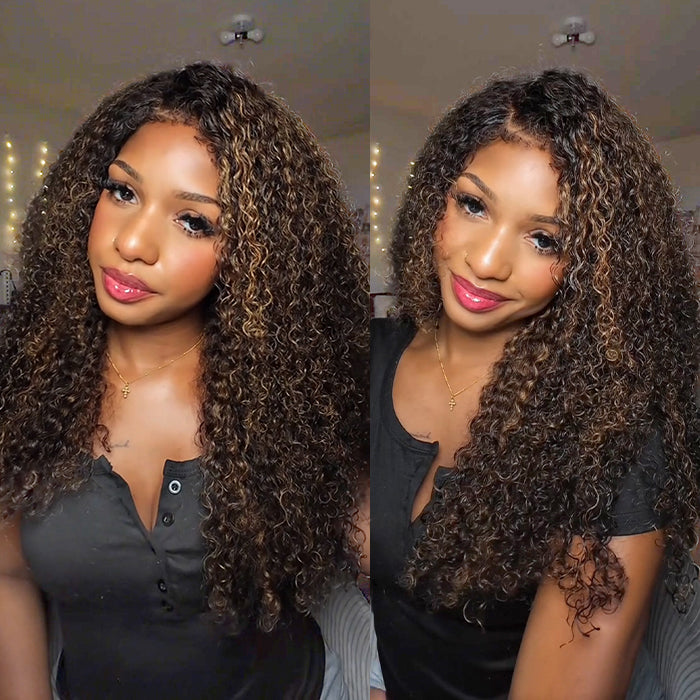 4C Curly Edges Hairline Wig Golden Brown Highlight Human Hair Curly Wigs 13x6 Full HD Lace Frontal Glueless Wig
