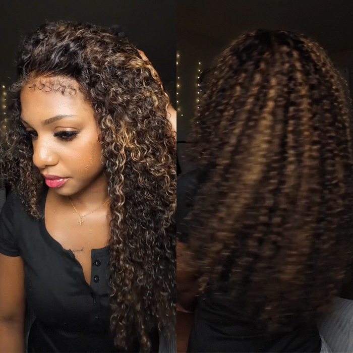 4C Curly Edges Hairline Wig Golden Brown Highlight Human Hair Curly Wigs 13x6 Full HD Lace Frontal Glueless Wig
