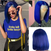 Blue Bob Wig 150% Density Straight 13x4 Lace Front Human Hair Wig Natural Hairline Bob Wigs