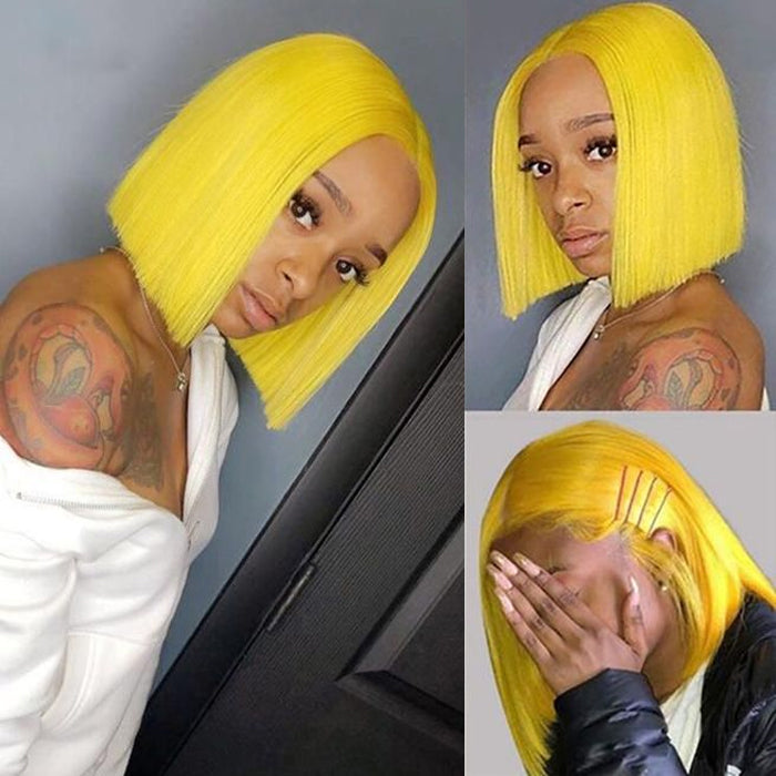 Yellow Straight Human Hair Bob Wigs 13x4 Brazilian Remy  display picture 3