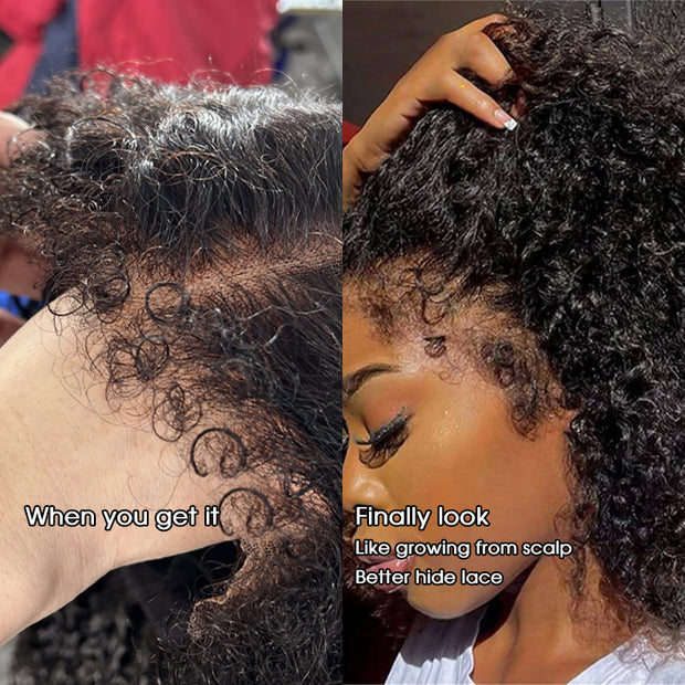 4C Curly Edges Hairline Glueless Curly Lace Front Human Hair Wig With Super Natural Hairline 220% Density