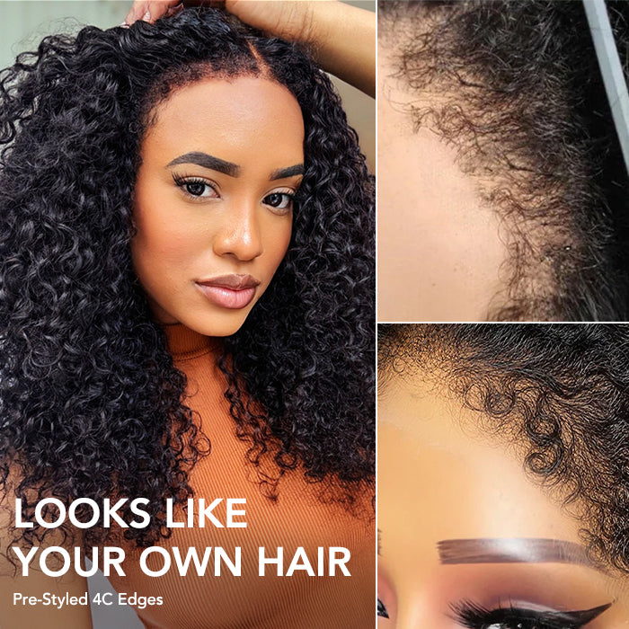 4C Edges Hairline Wig Transparent 13x4 HD Lace Pre-Plucked Curly Human Hair Wig with Curly Baby Hair