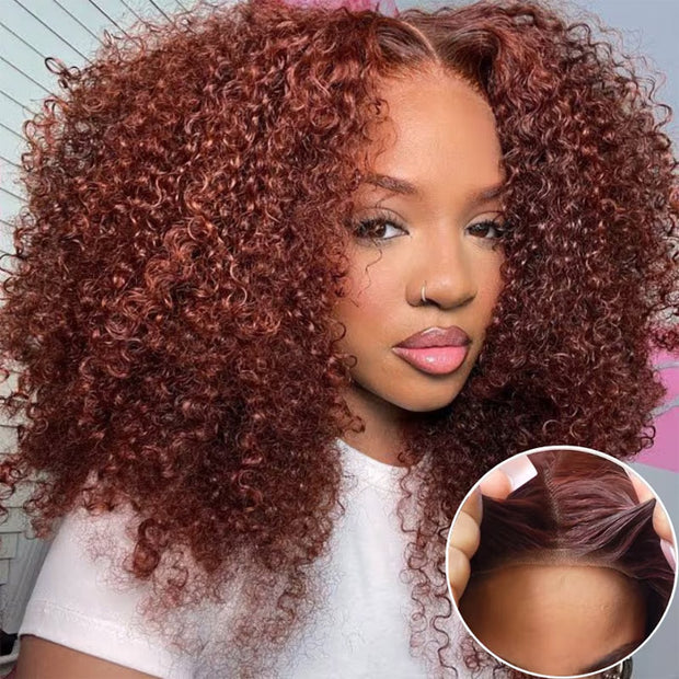 Reddish Brown Curly 13×4 Pre Cut HD Lace Front Human Hair Wigs 150% 180% 220% Density