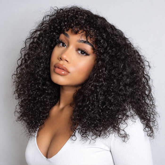 Beginner Friendly Curly Glueless 2X4 HD Lace Ready To Go Human Hair Wigs With Bangs