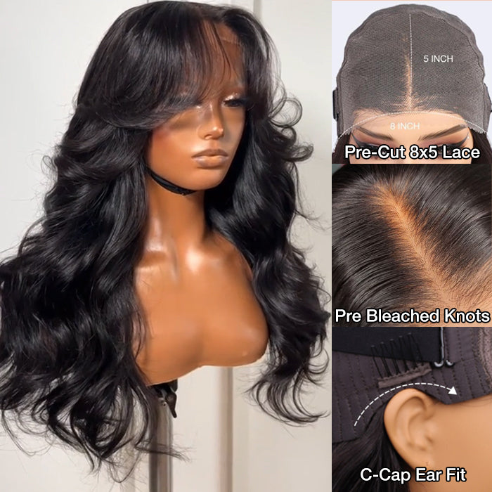Face-Framing Curtain Bangs Body Wave Glueless 13x4 HD Lace Front Wigs Human Hair 220% Density