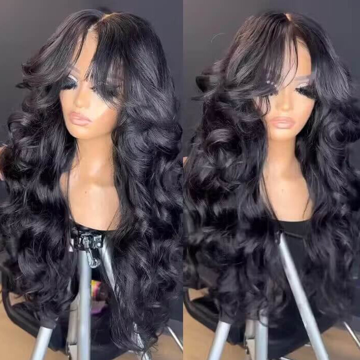 Loose Body Wave Curtain Bangs Human Hair Wigs 180% Density Bleached Knots Put on go® Glueless Wigs
