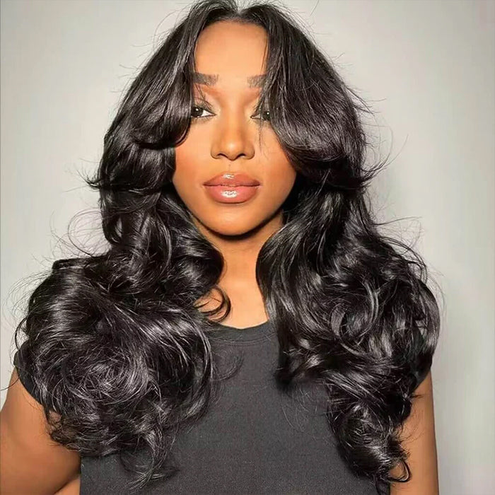 Loose Body Wave Curtain Bangs Human Hair Wigs 180% Density Bleached Knots Put on go® Glueless Wigs