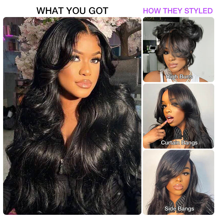 Loose Body Wave Curtain Bangs Human Hair Wigs 180% Density Bleached Knots Put on go® Glueless Wigs