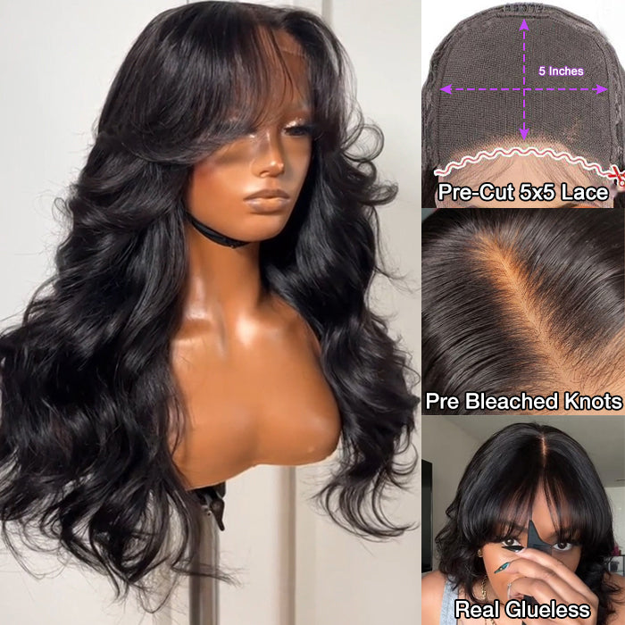Loose Body Wave Curtain Bangs Human Hair Wigs 180% Density Bleached Knots Put on go® Glueless Wigs