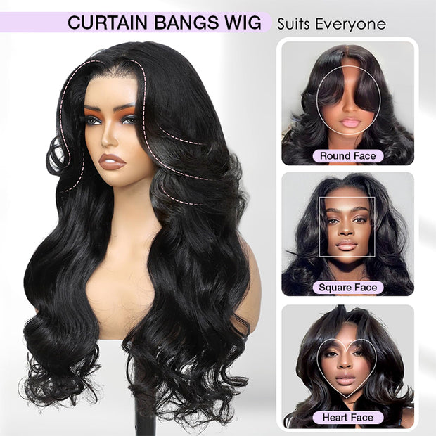 Curtain Bangs Face-Framing Upgraded Body Wave Glueless 13x4 13x6 HD Lace Human Hair Wigs for Women