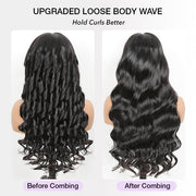 13x6 Full Lace Frontal Pre-Styled Loose Body Wave Wigs With Curtain Bangs Human Hair Pre Bleached Brailian Wigs For Women