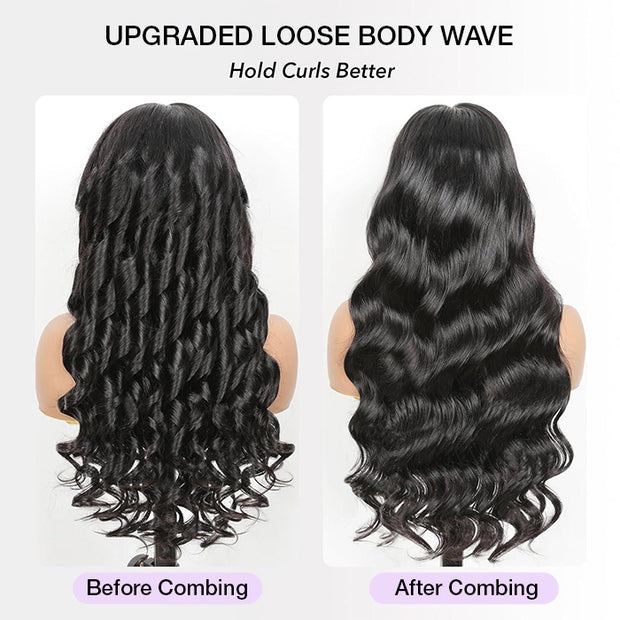 13x6 Full Lace Frontal Pre-Styled Loose Body Wave Wigs With Curtain Bangs Human Hair Pre Bleached Brailian Wigs For Women