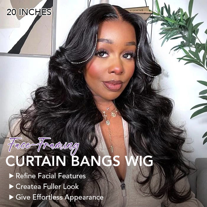 13x6 Full Lace Frontal Pre-Styled Loose Body Wave Wigs With Curtain Bangs Human Hair Pre Bleached Brailian Wigs For Women