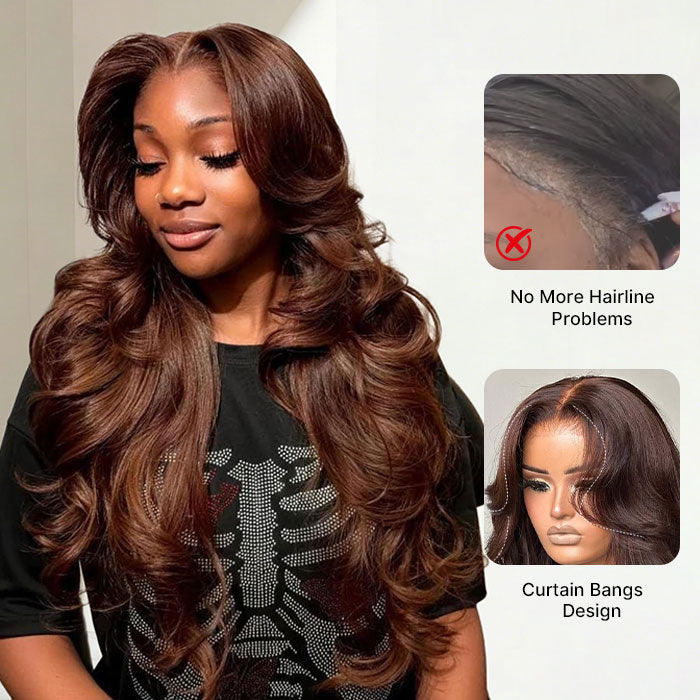 Chocolate Brown #4 Curtain Bangs 13x4 HD Lace Front Body Wave Glueless Human Hair Wigs