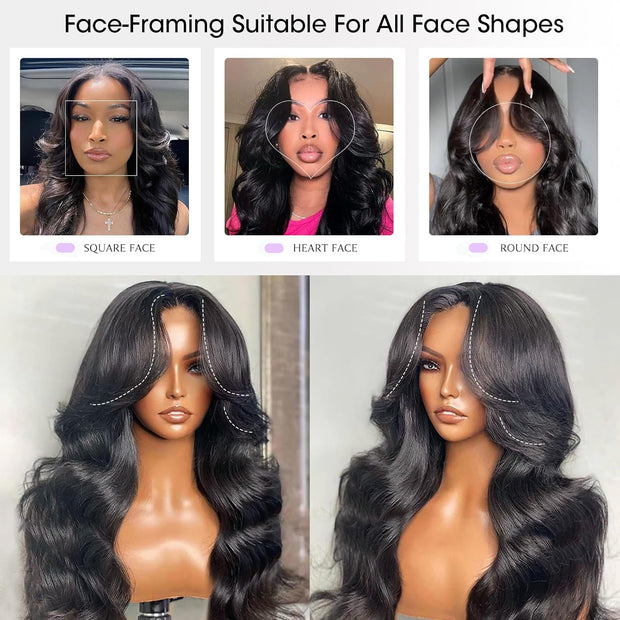 Curtain Bangs Loose Body Wave Wig Glueless 8x5 13x4 HD Lace Front Wigs 250% Density All Head Sizes Fit Cap
