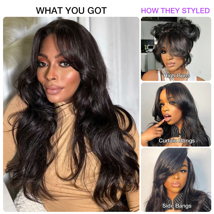 Face-Framing Curtain Bangs Body Wave Glueless 13x4 HD Lace Front Wigs Human Hair 220% Density