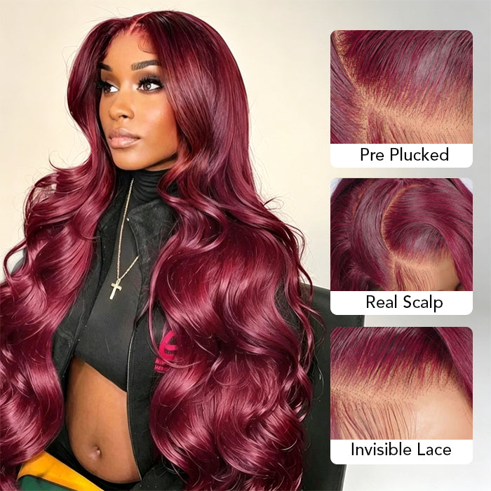 13x6 HD Lace Front Wig 99J Burgundy Colored Human Hair Wigs with Pre Plucked Hairline
