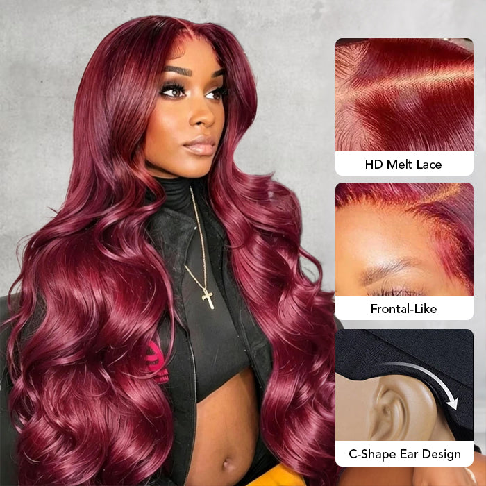 Body Wave Wig 99J Burgundy Color Glueless 8x5 HD Lace Wigs With Pre-Plucked Hairline
