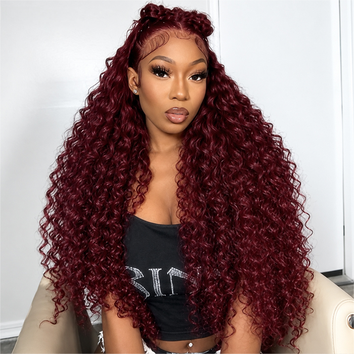 Deep Wave 99J Burgundy Wig Drawstring 13x6 HD Lace Frontal Wigs with Pre Plucked Hairline Pre Cut Lace