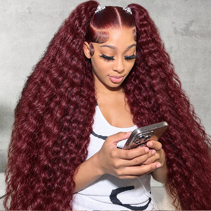 Deep Wave 99J Burgundy Wig Drawstring 13x6 HD Lace Frontal Wigs