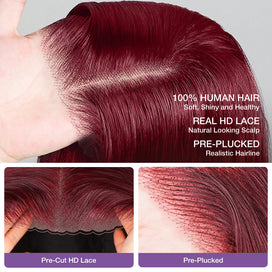 13x6 HD Lace Front Wig 99J Burgundy Colored Human Hair Wigs with Pre Plucked Hairline