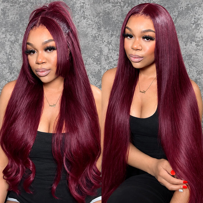 Dark 99J Color Wig Glueless Drawstring 13x4 Frontal Lace Human Hair Wigs Pre Cut Lace 220% Density