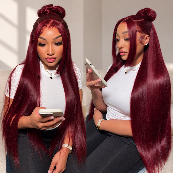 Dark 99J Color Wig Glueless Drawstring 13x4 Frontal Lace Human Hair Wigs Pre Cut Lace 220% Density