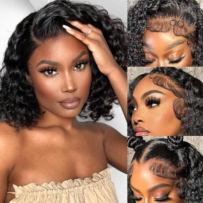 Deep Wave HD Lace Front Bob Wig Pre Plucked Human Hair Lace Wigs For Women 220% Density