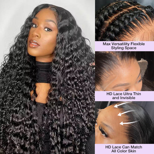 Deep Wave 13x4 HD Lace Front Human Hair Wigs Pre Bleached Knots Ship In 24H