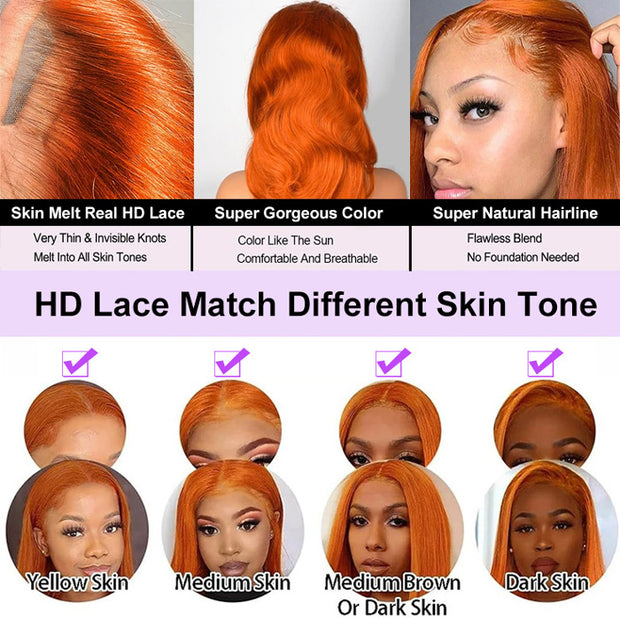 Ginger Orange Wig 4x4/5x5 Transparent HD Lace Human Hair Wigs Pre Plucked Hairline 180% Density