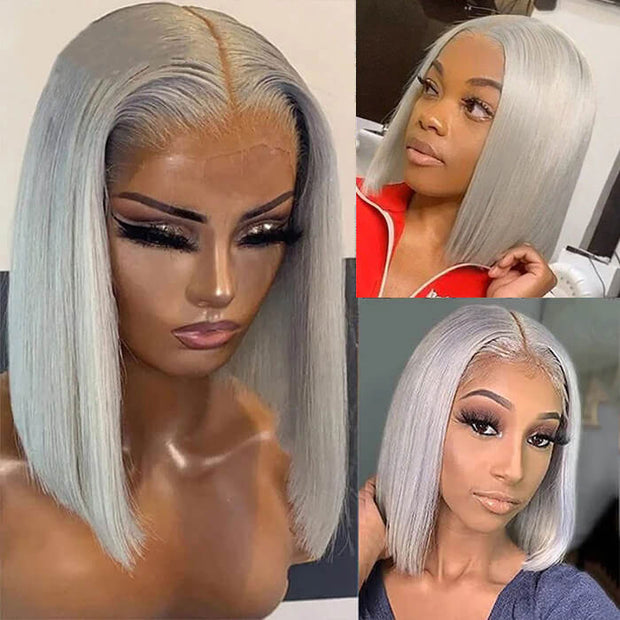 Grey 13x4 Lace Front Human Hair Wigs  Straight Colored Sliver Bob Lace Wigs For Black Women Pre Plucked 150%