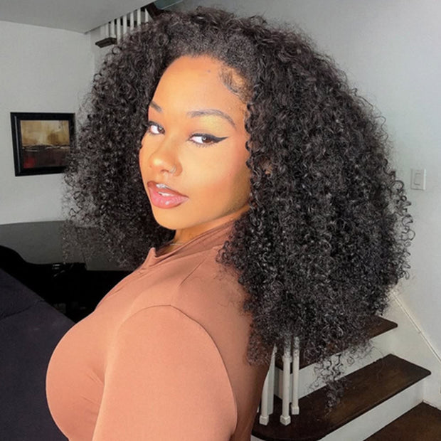 16'' = $109 | 4C Curly Edges Nature Hairline Kinky Curly Short Wigs Pre-Cut 5x5 HD Glueless Lace Closure Human Hair Wig Short Wigs