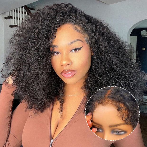 16'' = $109 | 4C Curly Edges Nature Hairline Kinky Curly Short Wigs Pre-Cut 5x5 HD Glueless Lace Closure Human Hair Wig Short Wigs
