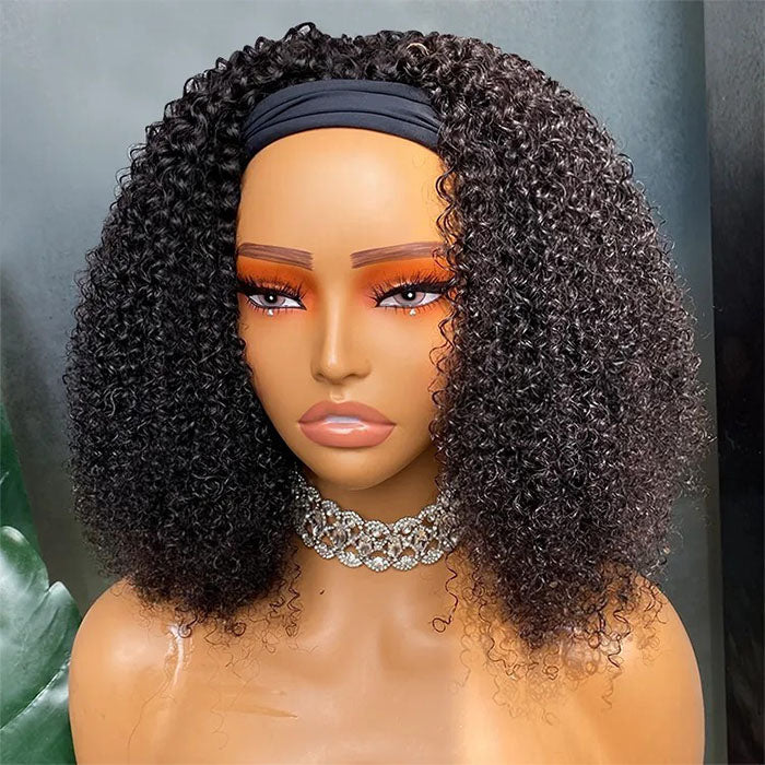 Kinky Curly Headband Bob Wig Beginner Friendly 100% Human Hair No Glue No Lace Throw On & Go Wig