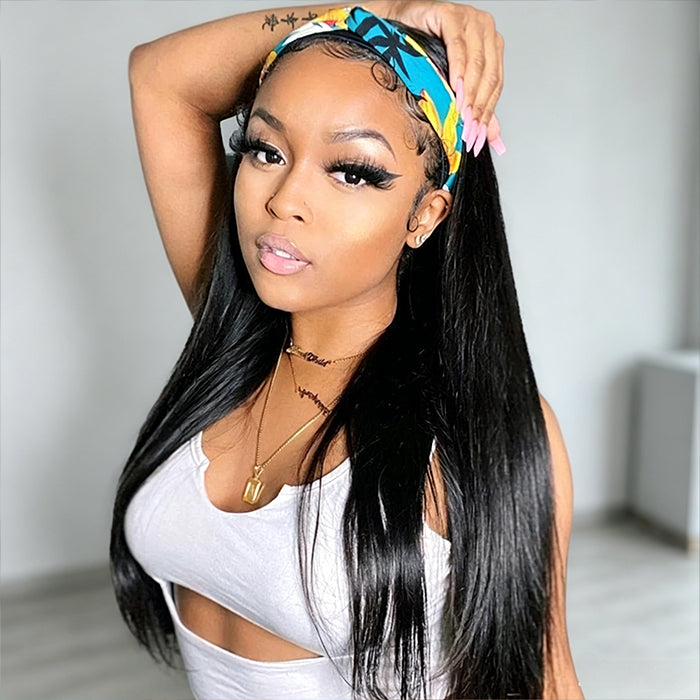 Straight Hair Headband Wig 100% Human Hair Wigs No Glue No Lace Throw On & Go Wig