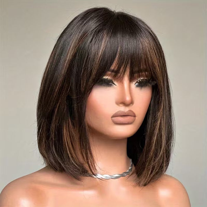 Put On and Go Realistic Glueless Highlight Straight Bob with Bangs Pre Cut HD Lace Wig 100% Human Hair