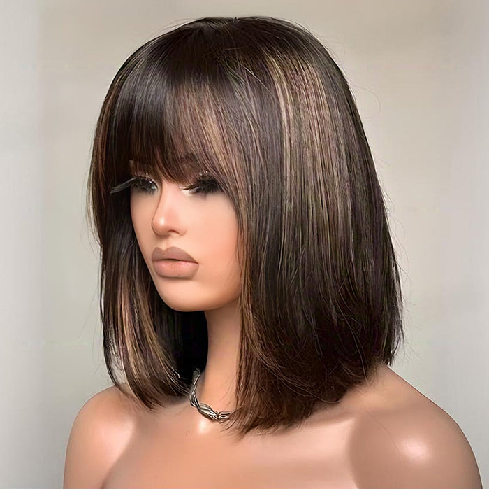 Put On and Go Realistic Glueless Highlight Straight Bob with Bangs Pre Cut HD Lace Wig 100% Human Hair