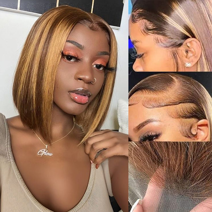 P4/27 Highlight Short Bob Wigs 13x4/13x6 Lace Front Human Hair Wigs with Baby Hair Pre Plucked with Natural Hairline