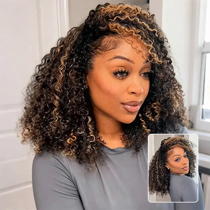 Highlight Brown 3 IN 1 Drawstring Half Wig Kinky Curly Flip Over Wig Invisible Hairline For Beginner