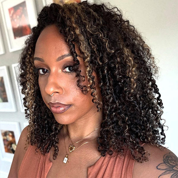 Highlight Brown 3 IN 1 Drawstring Half Wig Kinky Curly Flip Over Wig Invisible Hairline For Beginner