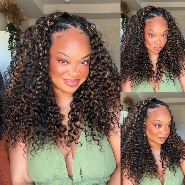 #1B/27 Blonde Highlight Water Wave 3 In 1 Drawstring Half Wigs Seamless Flip Over Wig No Lace No Glue Beginner Friendly