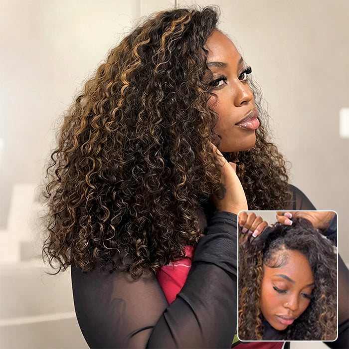 #1B/27 Blonde Highlight Water Wave 3 In 1 Drawstring Half Wigs Seamless Flip Over Wig No Lace No Glue Beginner Friendly