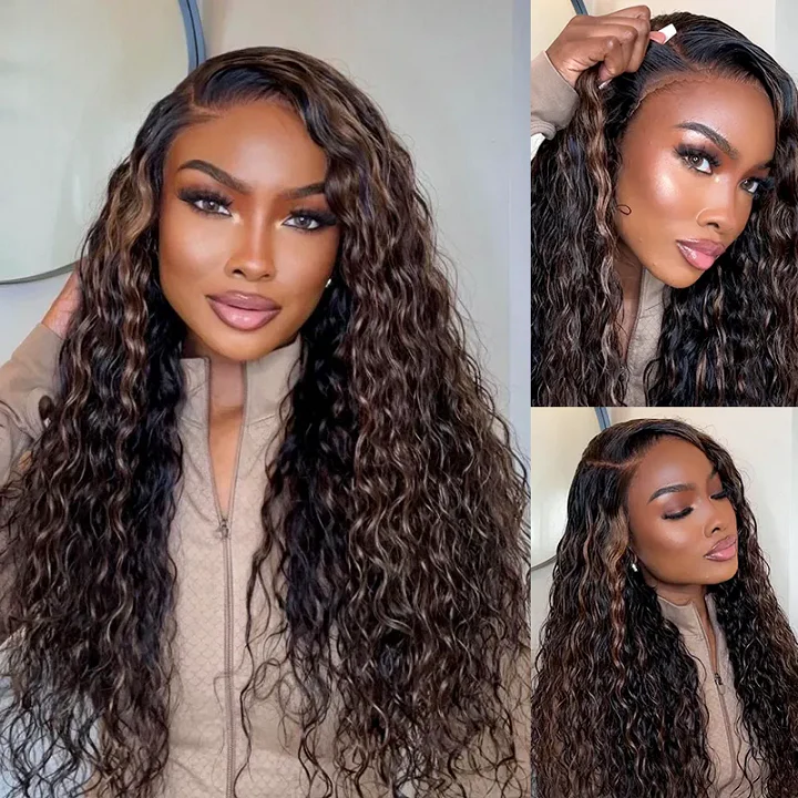 Golden Brown Highlights 360 Lace Frontal Invisi String Snug Fit Glueless Human Hair Wigs Pre Plucked Hairline