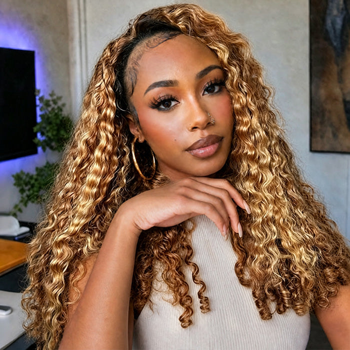 Highlights 4/27 Color Burmese Curly 3 In 1 Half Wigs Glueless Pull & Go With Elastic Drawstring Flip Over Wig
