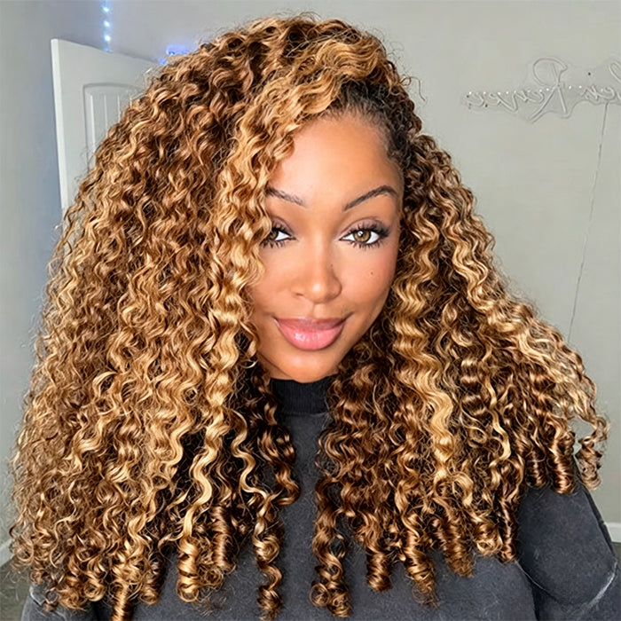 Highlights 4/27 Color Burmese Curly 3 In 1 Half Wigs Glueless Pull & Go With Elastic Drawstring Flip Over Wig