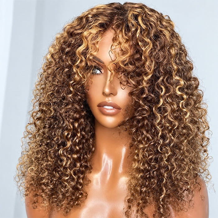4/27 Honey Blonde Highlights Curly Human Hair Wigs with Bangs Glueless 13x4 HD Lace Front Wigs