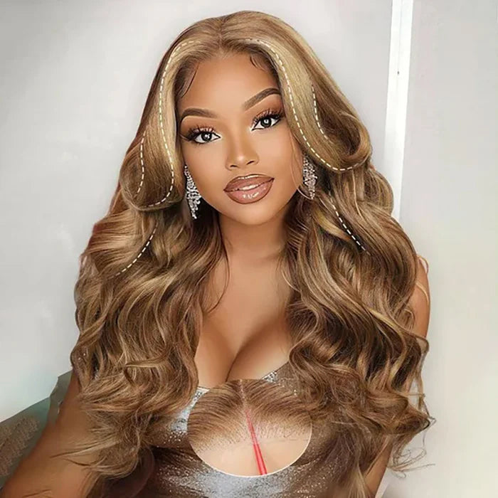 Curtain Bangs Body Wave Human Hair Wig Blonde Highlight 13x4 HD Lace Frontal Wig