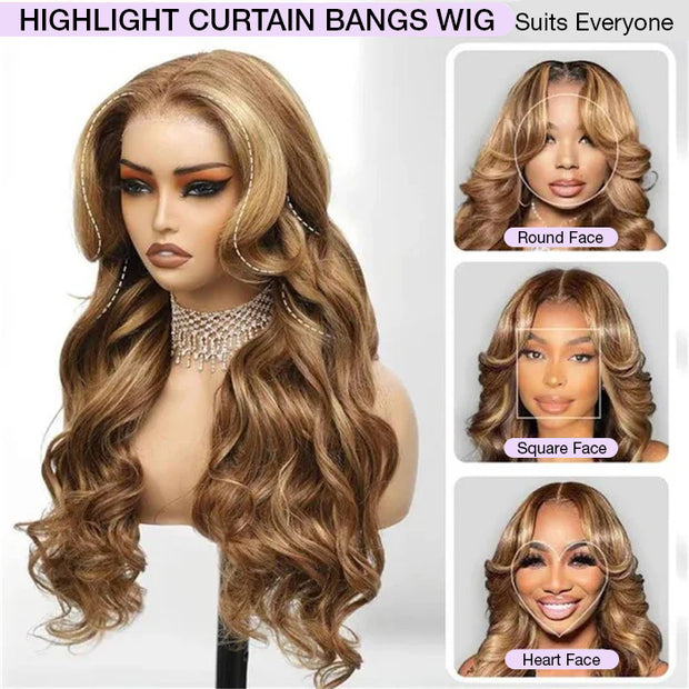 Curtain Bangs Body Wave Human Hair Wig Blonde Highlight 13x4 HD Lace Frontal Wig