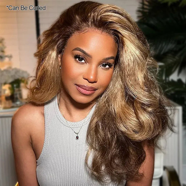 Pre-Everything 4/27 Highlight Brown Kinky Straight Glueless Wigs Invisi String Snug Fit 360 Lace Frontal Wig